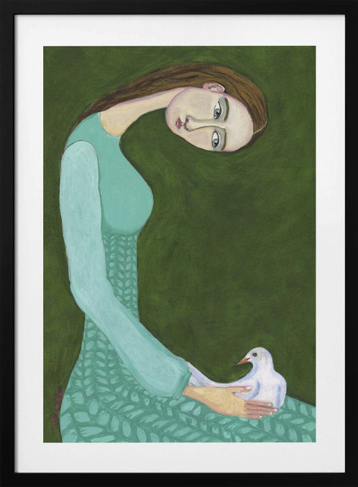 Lady sitting with white dove bird woman Framed Art Wall Decor