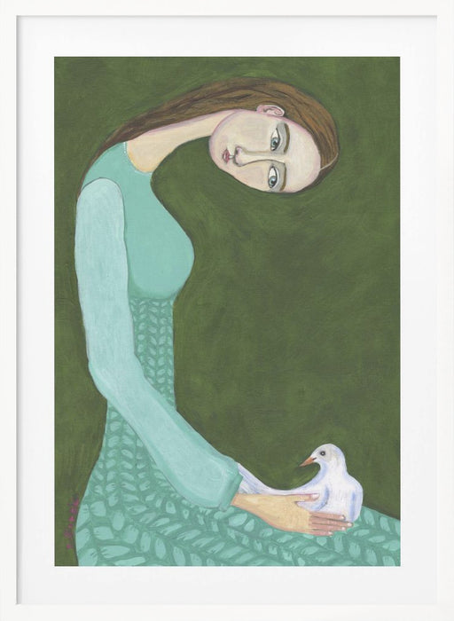 Lady sitting with white dove bird woman Framed Art Wall Decor