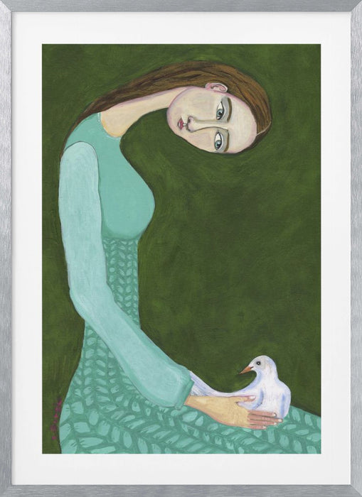 Lady sitting with white dove bird woman Framed Art Wall Decor