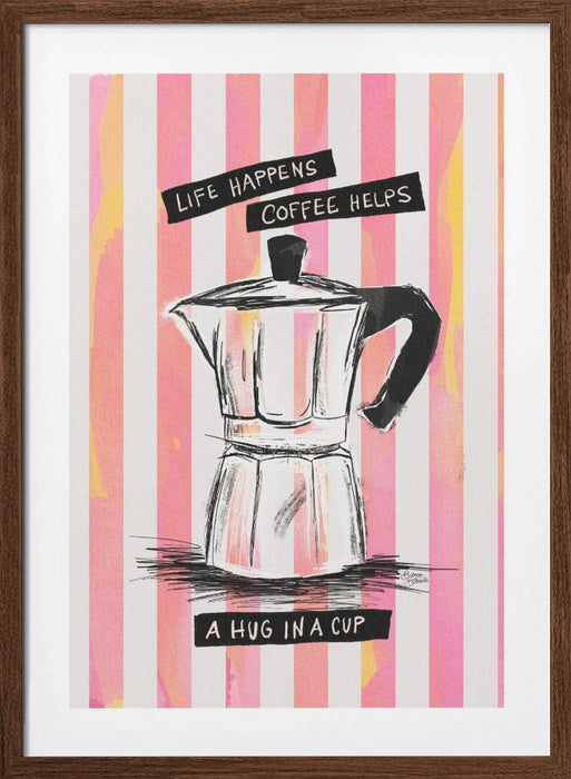 Mocca Coffee on Stripes - Hug in a Cup Framed Art Modern Wall Decor