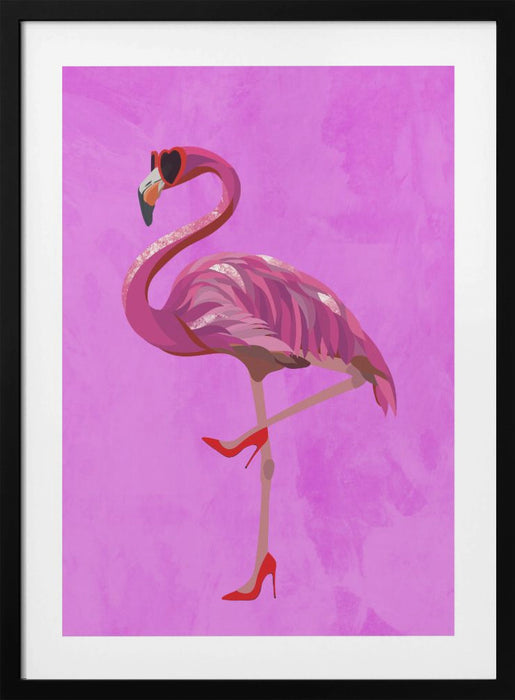 Flamingo in heels and heart glasses pink Framed Art Wall Decor