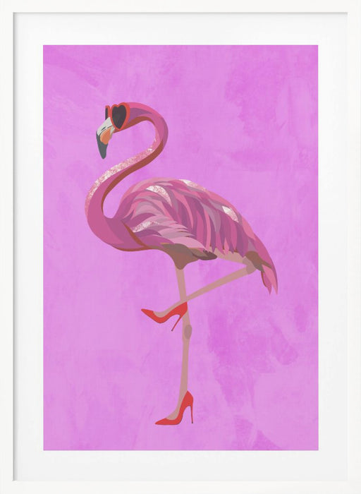 Flamingo in heels and heart glasses pink Framed Art Wall Decor