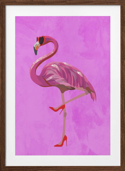 Flamingo in heels and heart glasses pink Framed Art Wall Decor