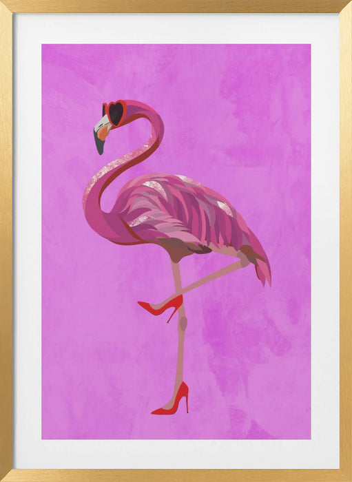 Flamingo in heels and heart glasses pink Framed Art Wall Decor