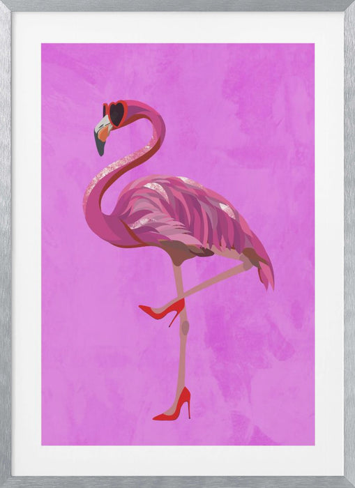 Flamingo in heels and heart glasses pink Framed Art Wall Decor