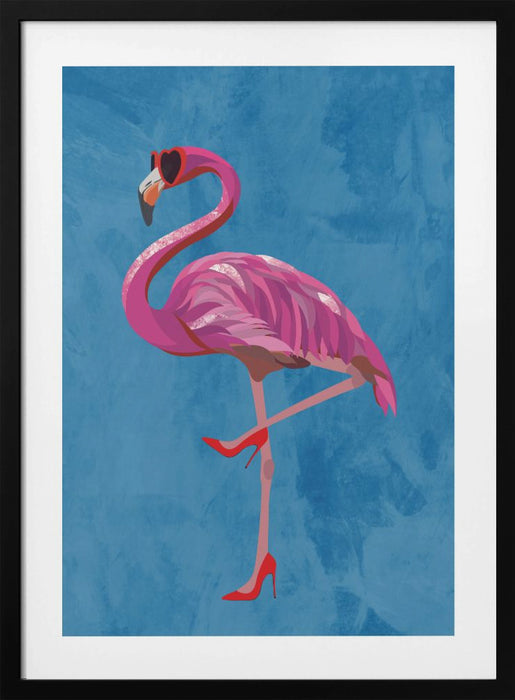 Flamingo in heels and heart glasses blue Framed Art Wall Decor