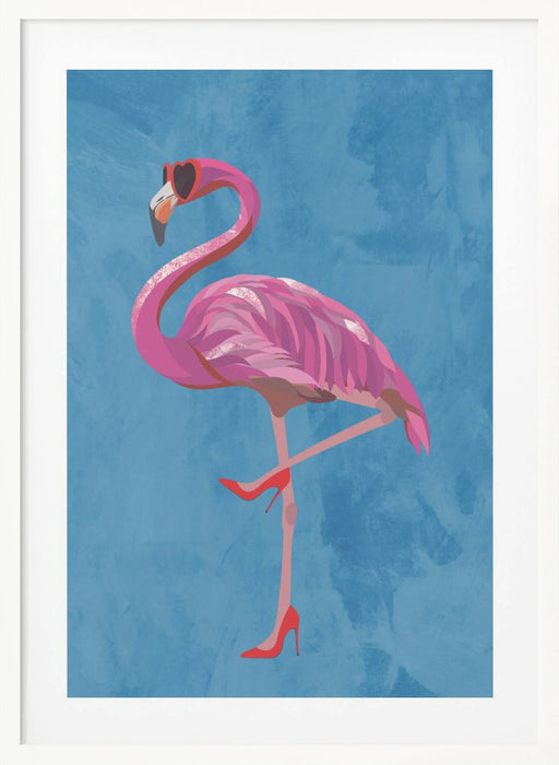 Flamingo in heels and heart glasses blue Framed Art Wall Decor