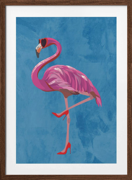 Flamingo in heels and heart glasses blue Framed Art Wall Decor