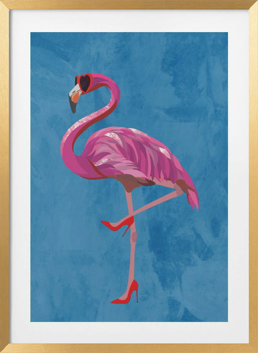 Flamingo in heels and heart glasses blue Framed Art Wall Decor