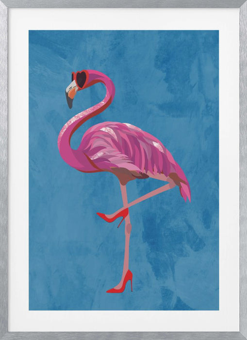 Flamingo in heels and heart glasses blue Framed Art Wall Decor