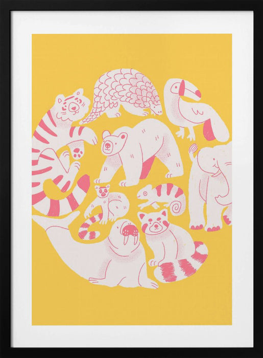 Yellow Animal Collage Framed Art Wall Decor