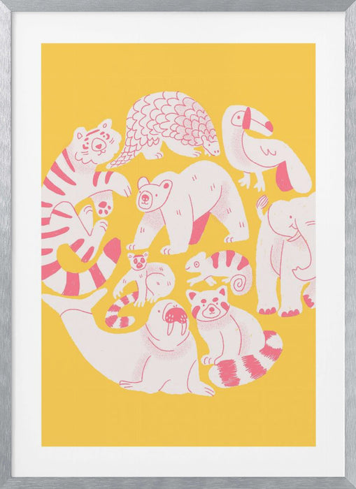 Yellow Animal Collage Framed Art Wall Decor