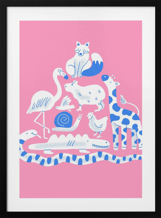 Pink Animal Collage Framed Art Modern Wall Decor