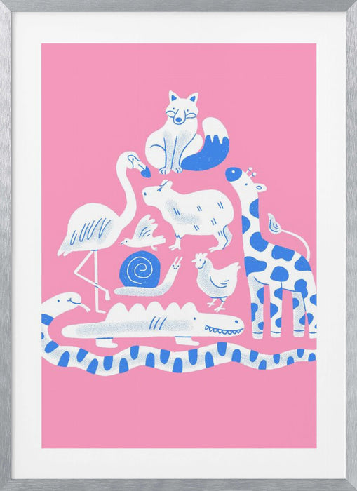 Pink Animal Collage Framed Art Modern Wall Decor