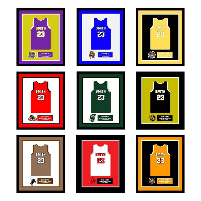 a group of basketball jerseys with numbers on them