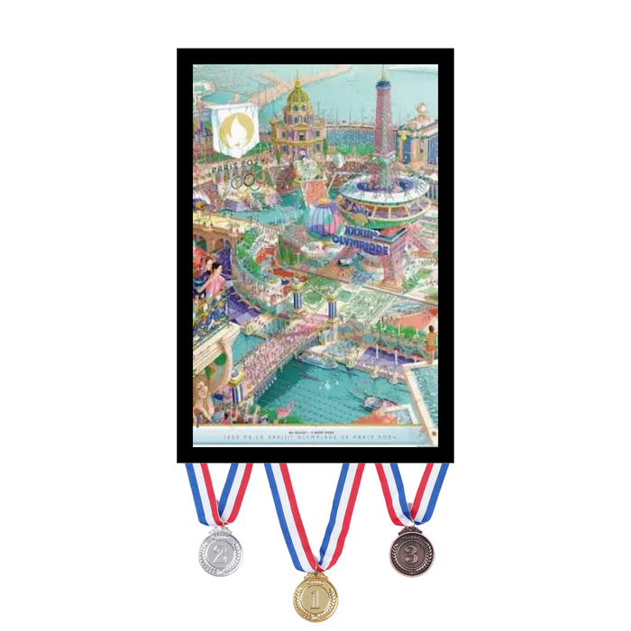 Colorful Olympic poster of a bustling cityscape with USA medalist medals below