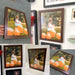 Collection of photos in a 9x37 picture frame featuring a person with orange pumpkins