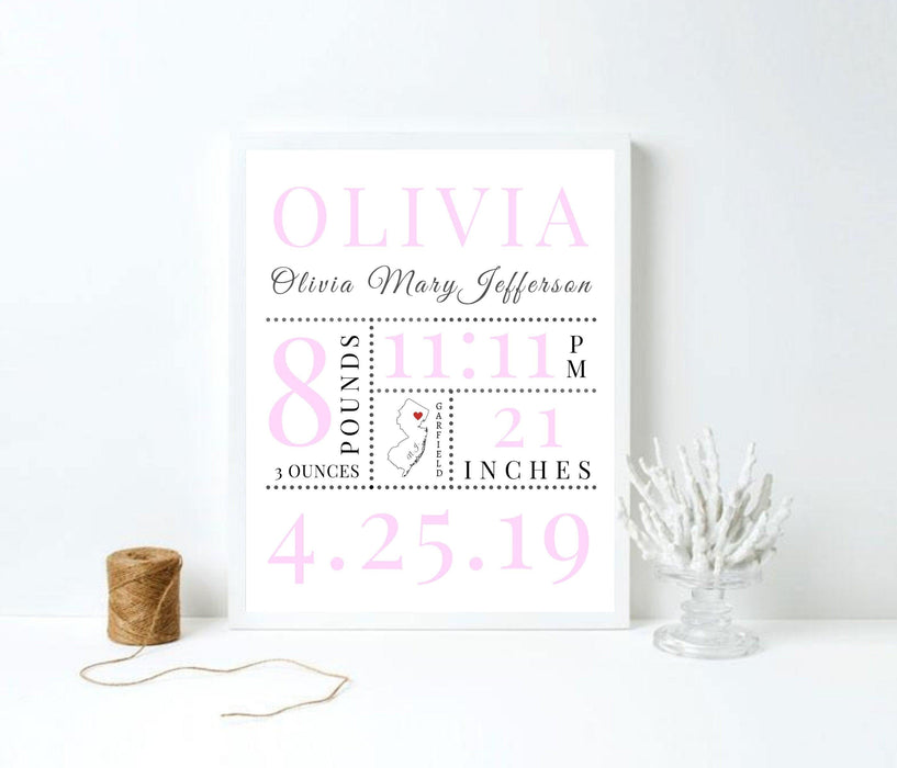 Baby birth stat sign custom Personalized wall art Nursery room Decor - Modern Memory Design Picture frames - New Jersey Frame shop custom framing