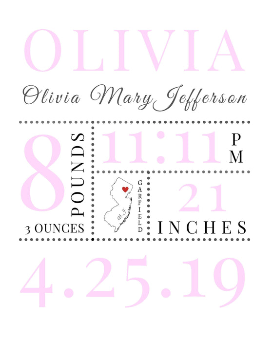 Baby Girl Newborn Nursery custom Birth stat frame print - Modern Memory Design Picture frames - New Jersey Frame shop custom framing