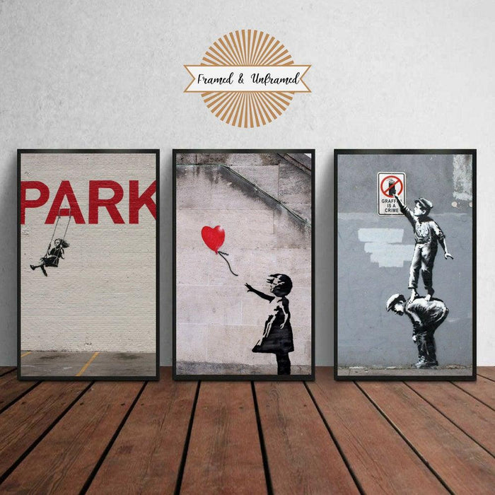 Banksy Canvas Prints and black Framed Wal Art Prints set of 3 - Modern Memory Design Picture frames - New Jersey Frame shop custom framing