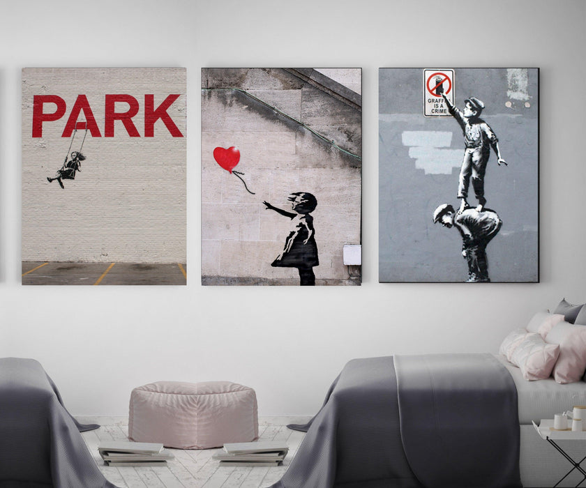 Banksy Canvas Prints and black Framed Wal Art Prints set of 3 - Modern Memory Design Picture frames - New Jersey Frame shop custom framing