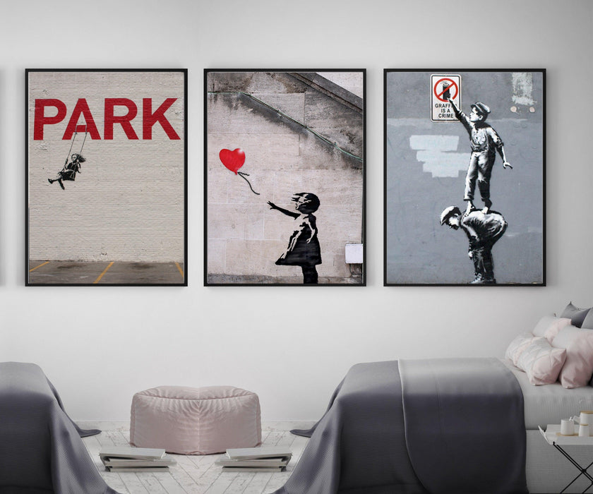 Banksy Canvas Prints and black Framed Wal Art Prints set of 3 - Modern Memory Design Picture frames - New Jersey Frame shop custom framing