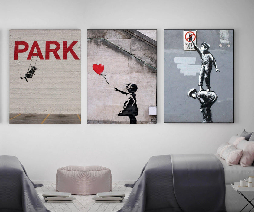 Banksy Graffiti Street Art Framed  Canvas Set of 3 Picture Frame Store New Jersey