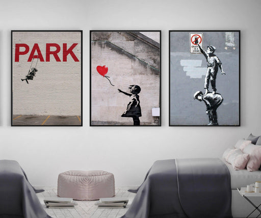 Banksy Graffiti Street Art Framed  Canvas Set of 3 Picture Frame Store New Jersey