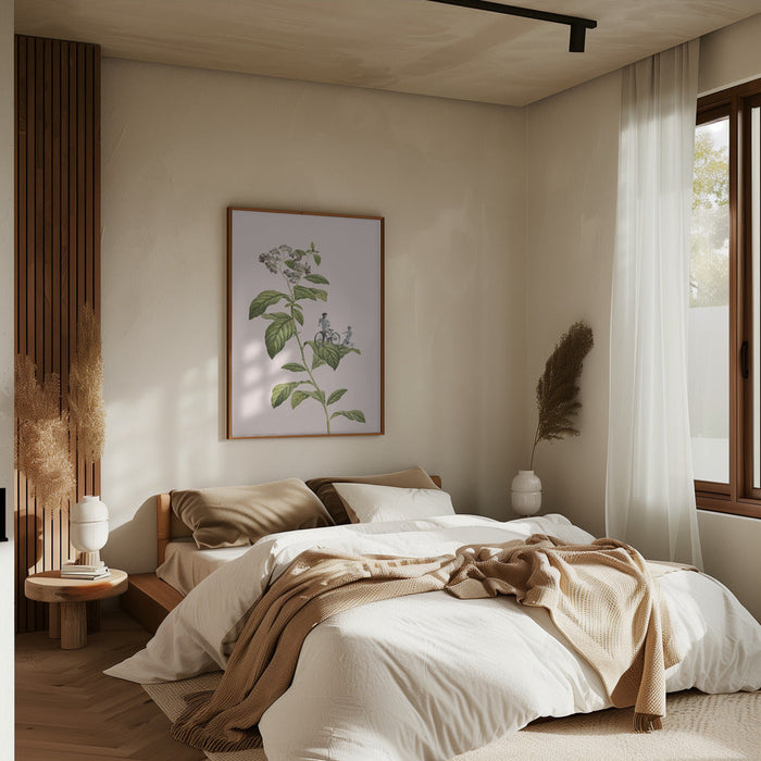 Cozy bedroom with Bed featuring Botanical Cycling Framed Art and soft bedding