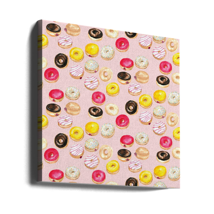 Watercolor donuts pattern in pink Square Canvas Art Print