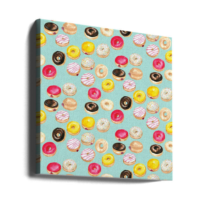 Watercolor donuts pattern in aqua Square Canvas Art Print