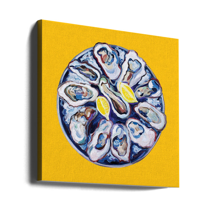 Oysters On a Plate Yellow Square Canvas Art Print