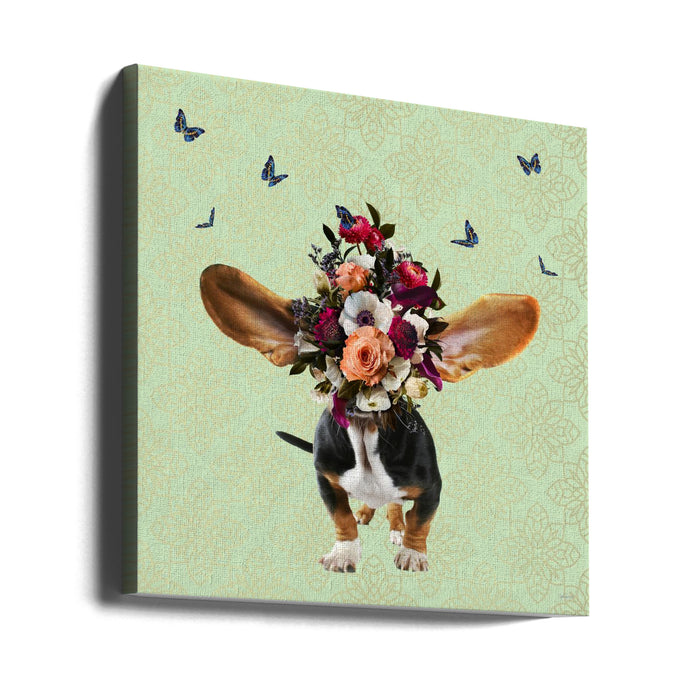 Spring Flower Bonnet On Doggy Square Canvas Art Print