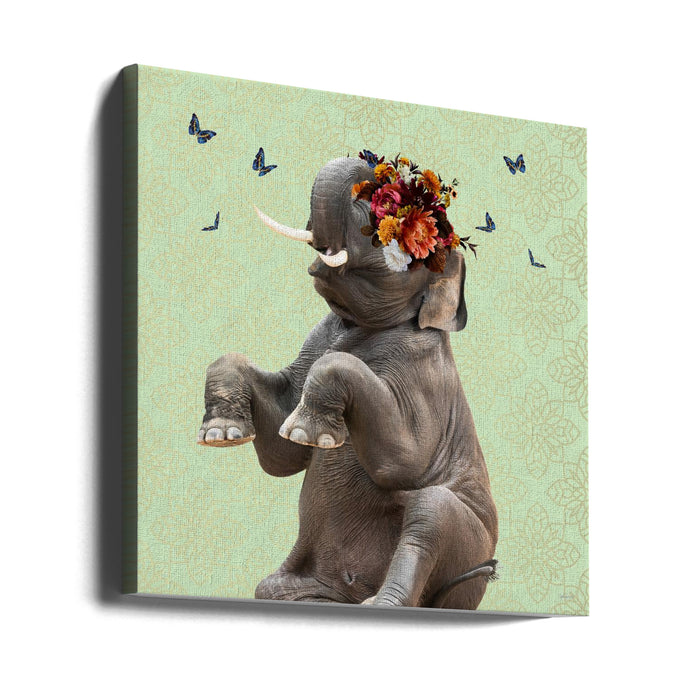 Spring Flower Bonnet On Elephant Square Canvas Art Print