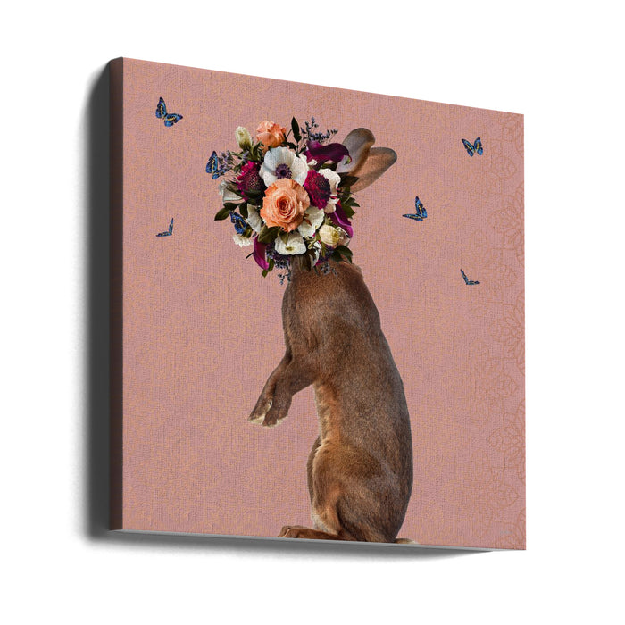 Spring Flower Bonnet On Rabbit Square Canvas Art Print