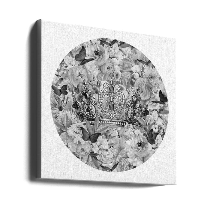 Candy Blooms &amp; Crown Black &amp; White Square Canvas Art Print