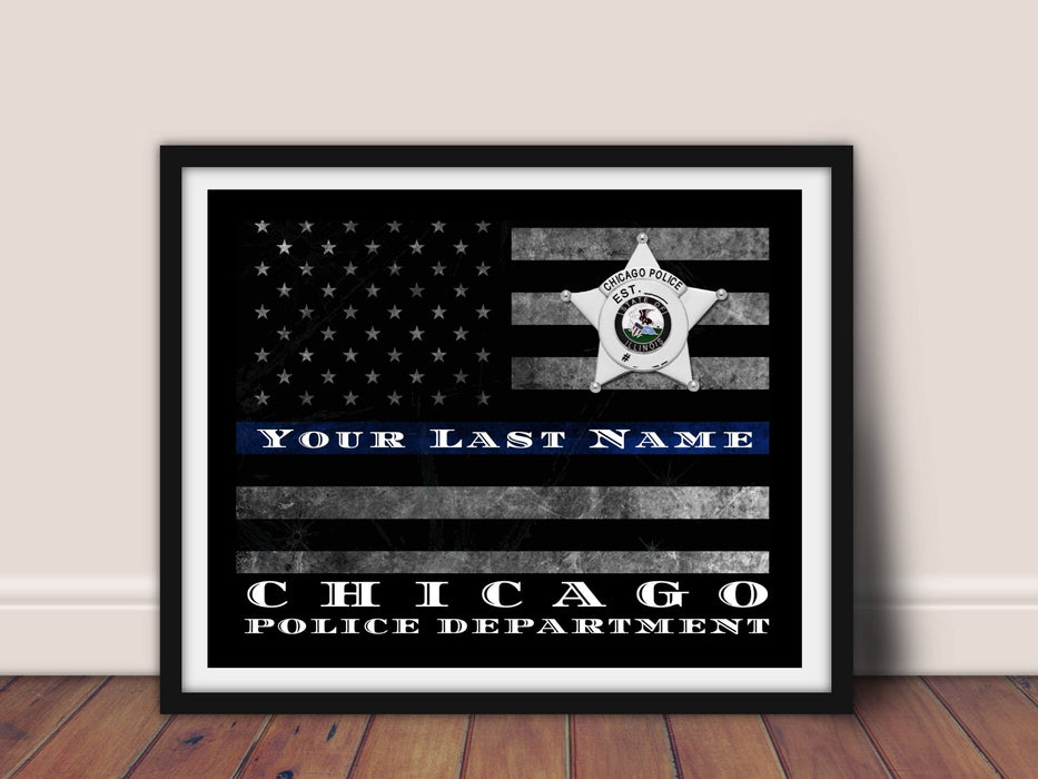 Chicago Police Thin Blue Line Flag officer wall art print decor