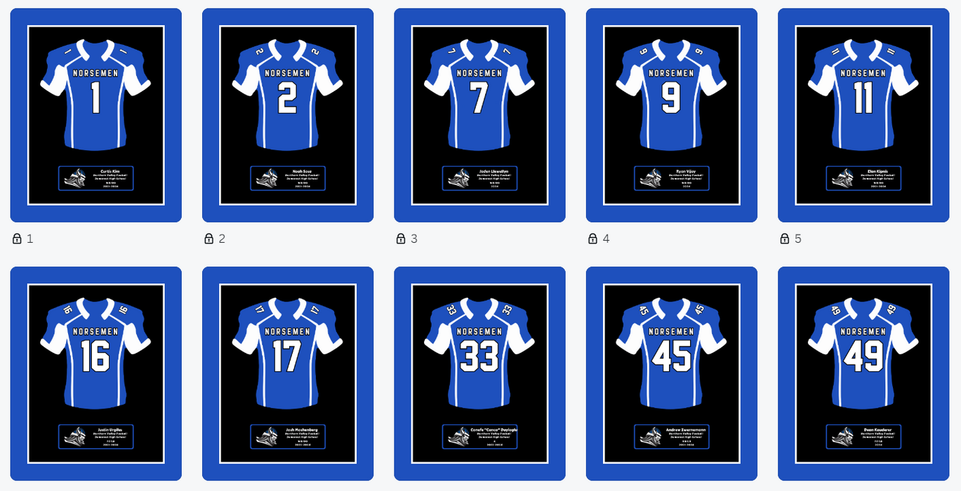 Collection of Demerest Football frames jersey prints featuring blue and white soccer jerseys