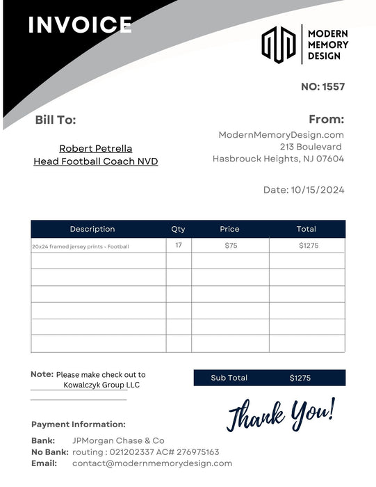 Invoice from Modern Memory Design to Robert Petrella for Demerest Football frames jersey prints