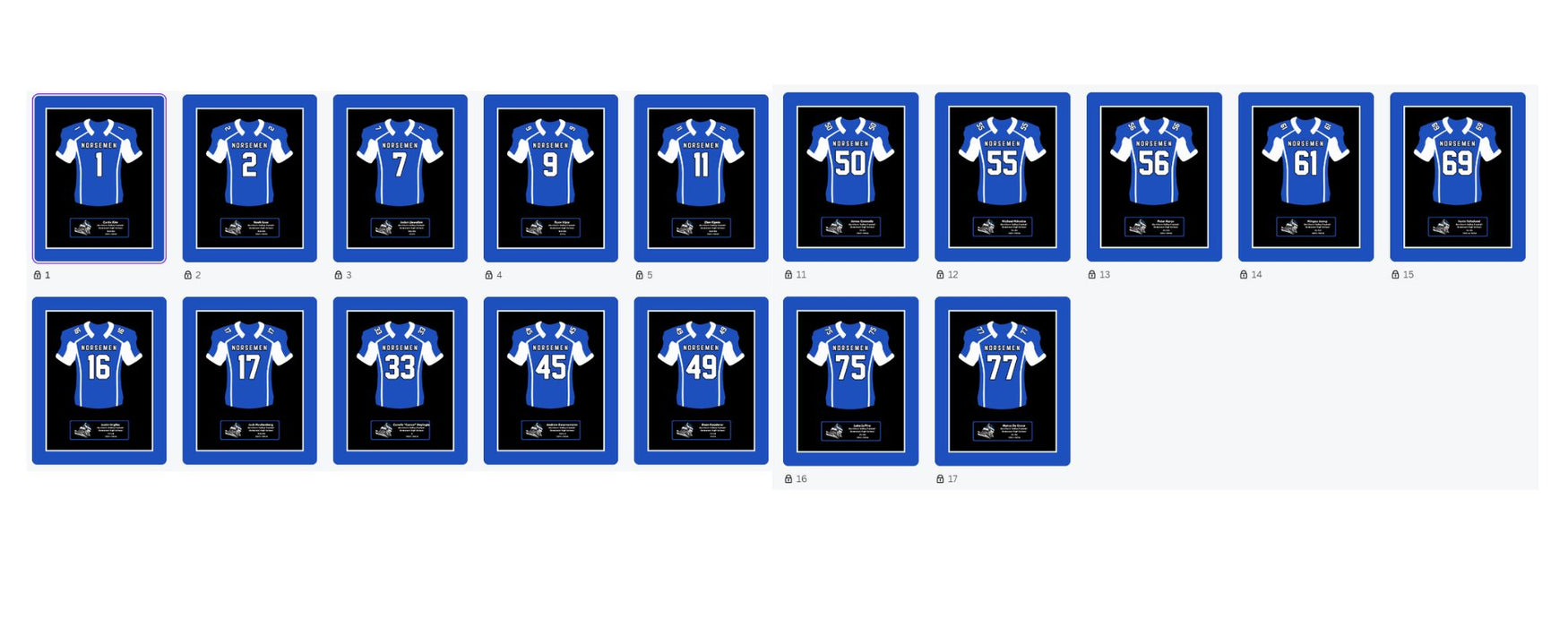 Collection of Demerest Football frames jersey prints showcasing blue and white jerseys