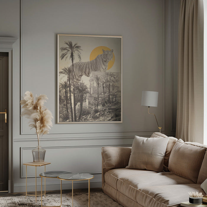 Framed art of a giant tiger among palm trees with a golden sun or moon