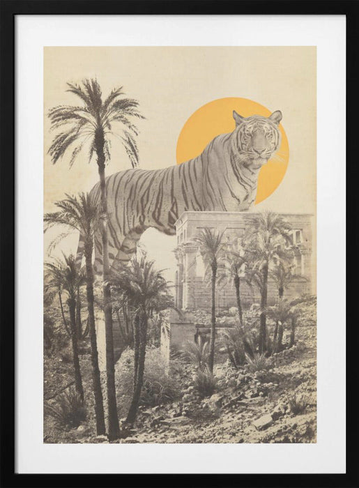 Giant Tiger standing majestically against a yellow sun in framed art decor