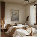 Cozy bedroom with white bedding and beige blankets featuring Giant Tiger Ruins Framed Art