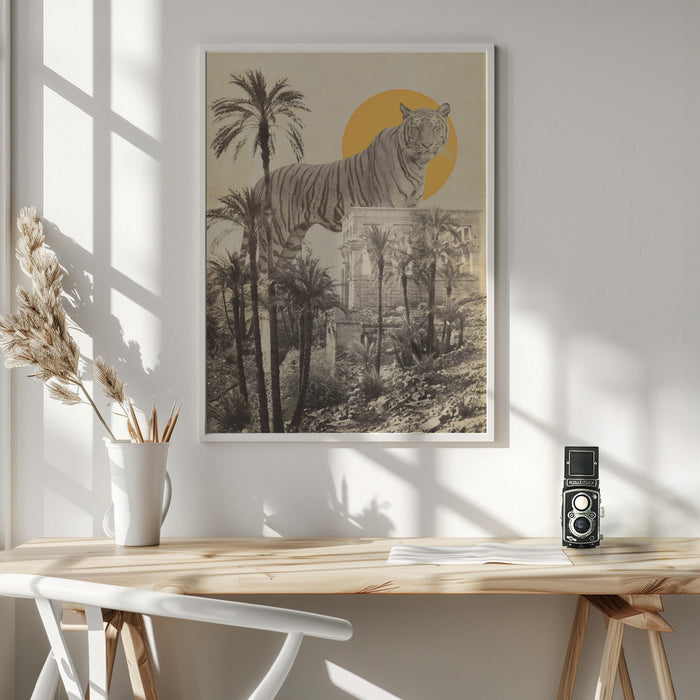 Framed art of a giant tiger amid palm trees and ancient ruins for wall decor