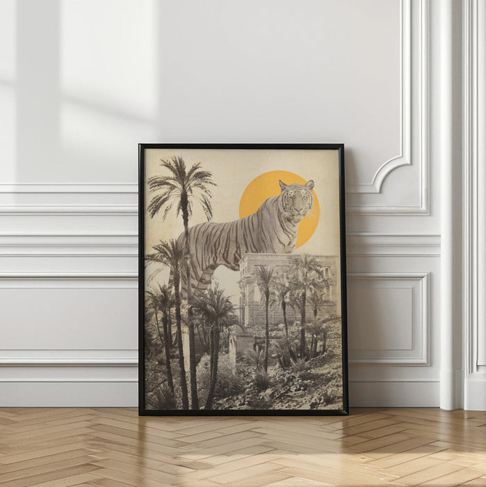 Framed art of a giant tiger amid palm trees and a yellow sun in ruins decor