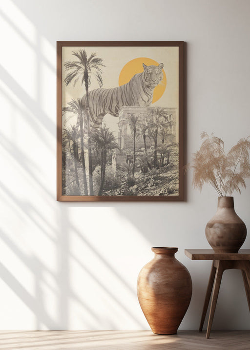 Framed art featuring a giant tiger amidst palm trees and a yellow sun for wall decor