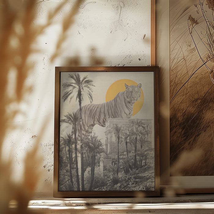 Framed art of a giant tiger among palm trees and a yellow sun in ruins framed art