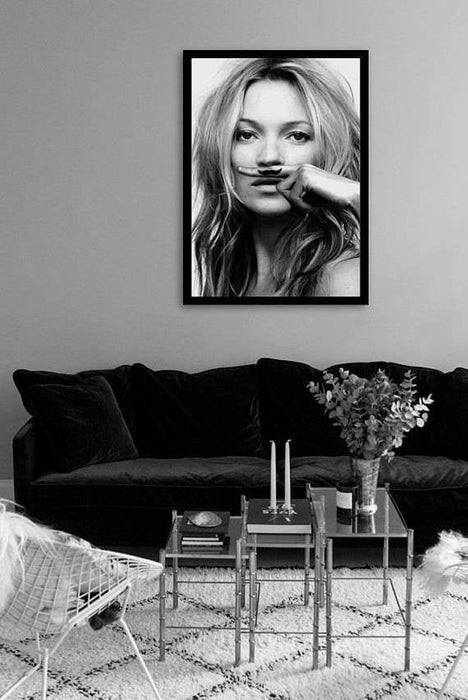 Mustache Kate Moss Fashion poster black and white framed canvas