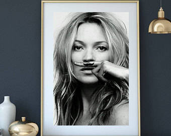 Mustache Kate Moss Fashion poster black and white framed canvas