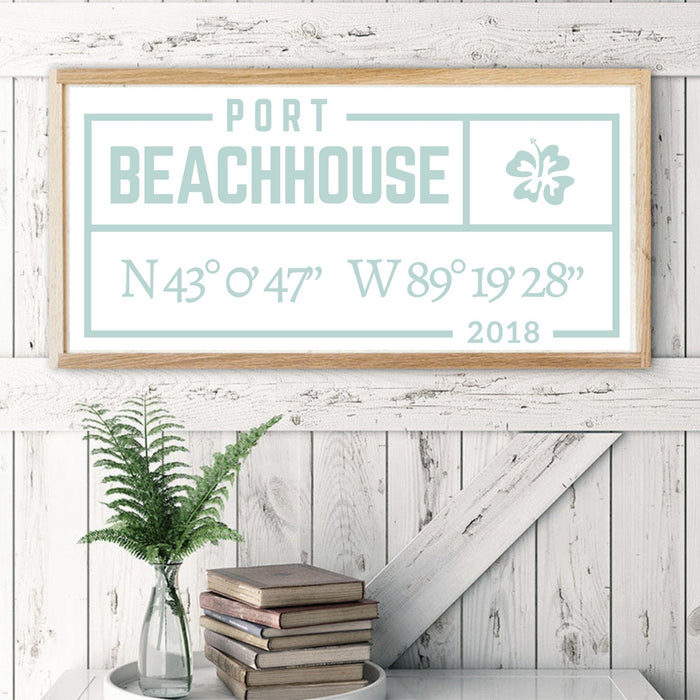 Lake House wood sign frame Family Name Coordinates Latitude Longitude